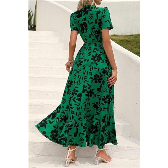 PRETTYGARDEN Women's Summer Wrap Maxi Dress Casual Boho Floral V Neck Short - Picture 5 of 7